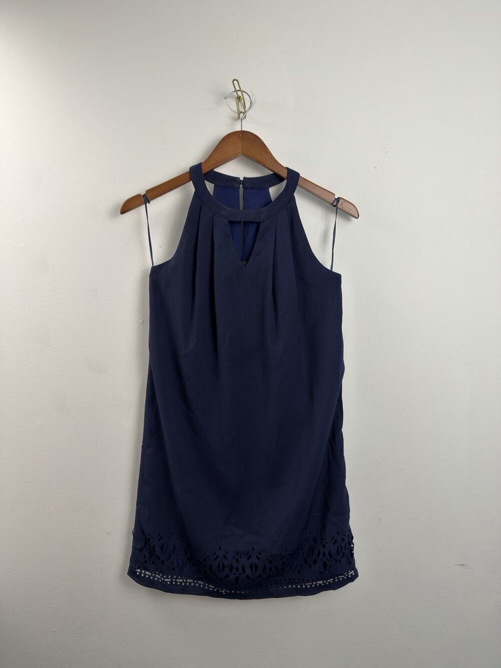 Greylin Navy Lasercut Hem Swing Dress w Keyhole XS